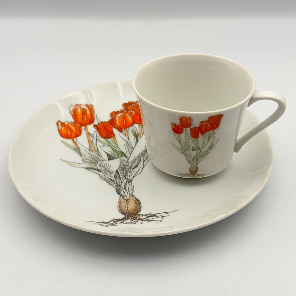 Mann Fine China‎ Tulip Botanical Snack Plate and Cup Set Orange Flowers Vintage